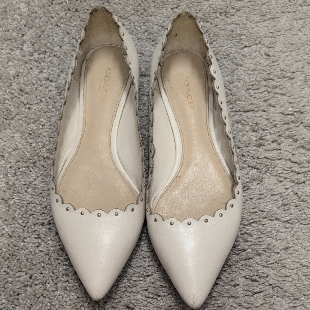 Coach White Scalloped Leather Flats with Silver Studs